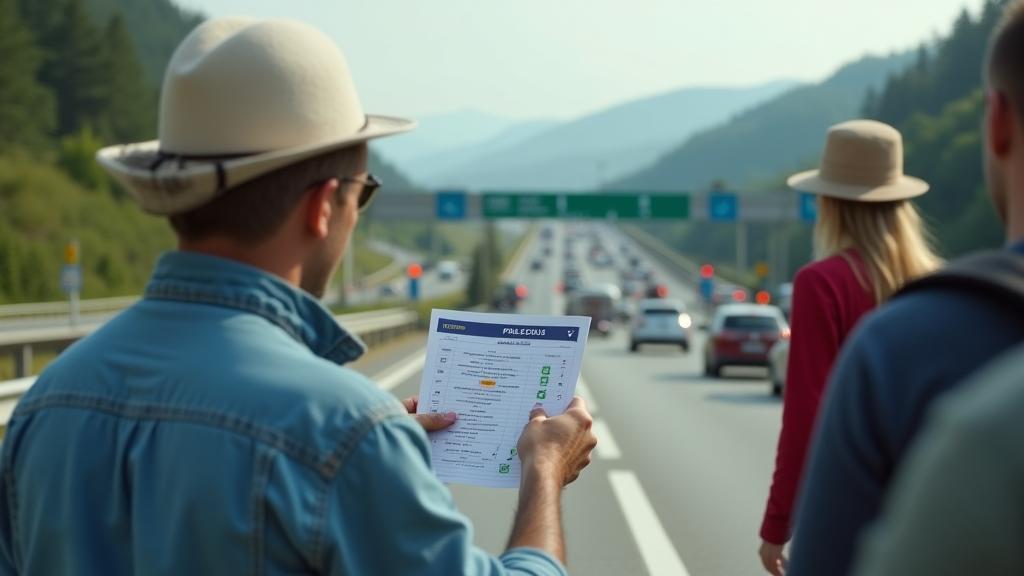 Tourists and drivers at a Hungarian toll road with official compliance documentation